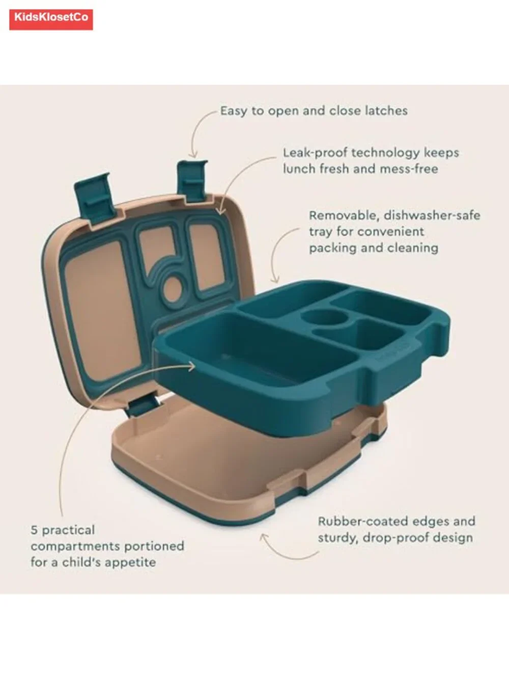 Leak-Proof 5-Compartment Bento Lunch Box for Kids, Ages 3-7, Durable,